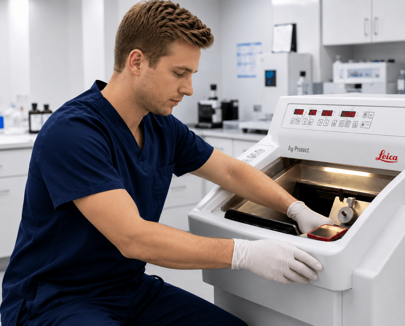 Histotechnician working at a Leica CM1860 cryostat